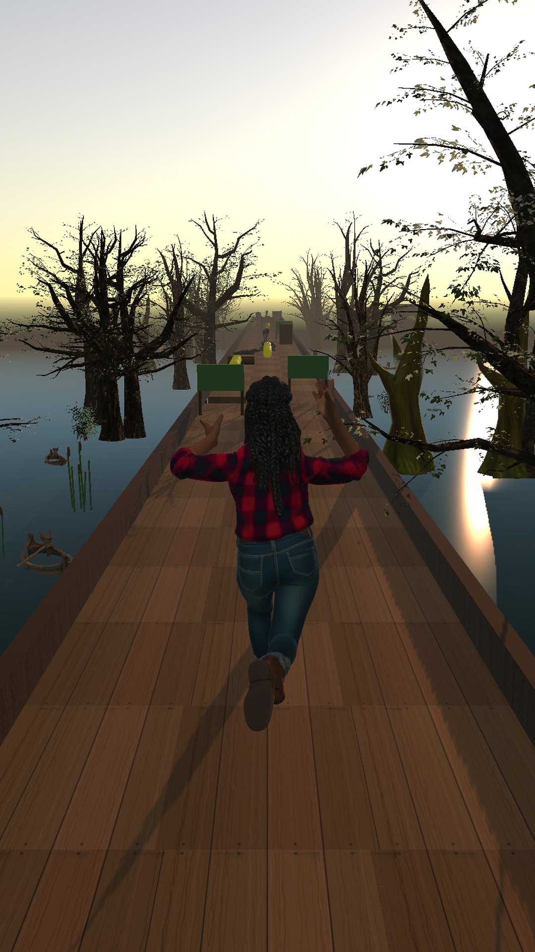 Bayou Rush screenshot — sprinting the boardwalk through the flooded cypress at dusk
