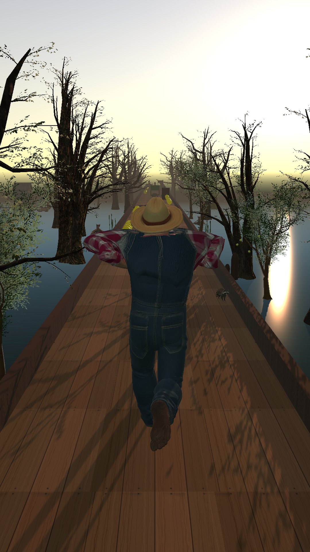 Bayou Rush screenshot — a runner in overalls and a straw hat racing the sunset