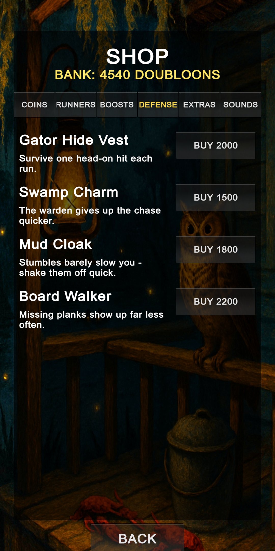 Bayou Rush screenshot — the shop's defense boosts, priced in doubloons