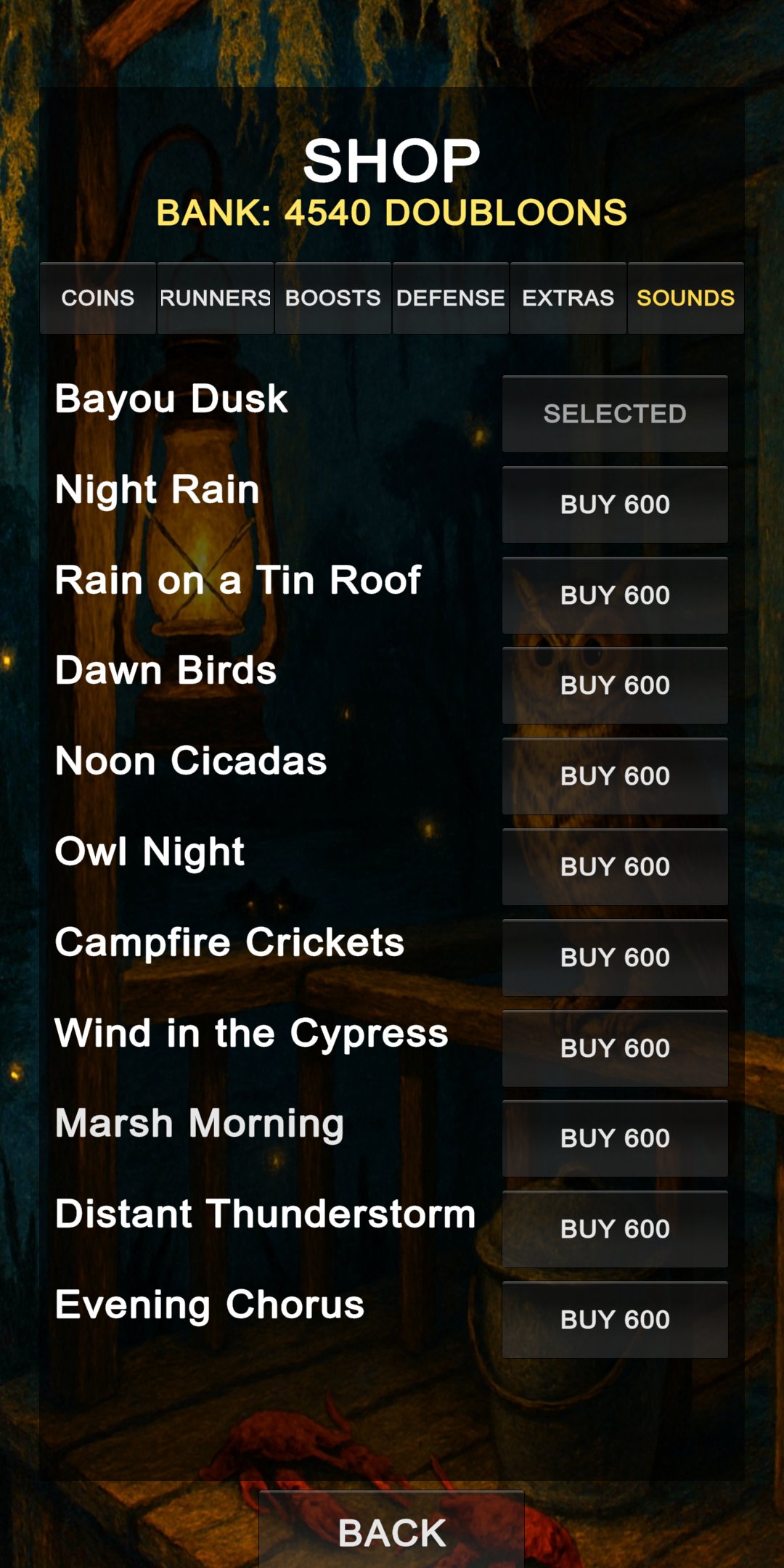 Bayou Rush screenshot — bayou soundscapes in the shop