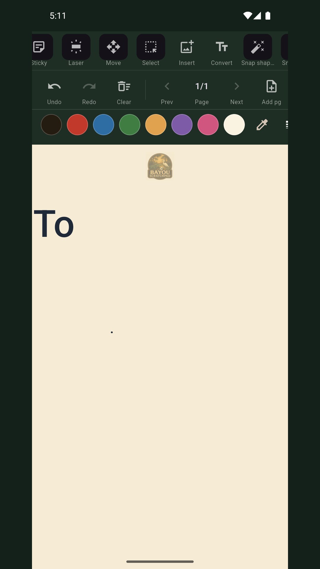 Bayou Scratchpad screenshot — an endless parchment whiteboard with the toolbar