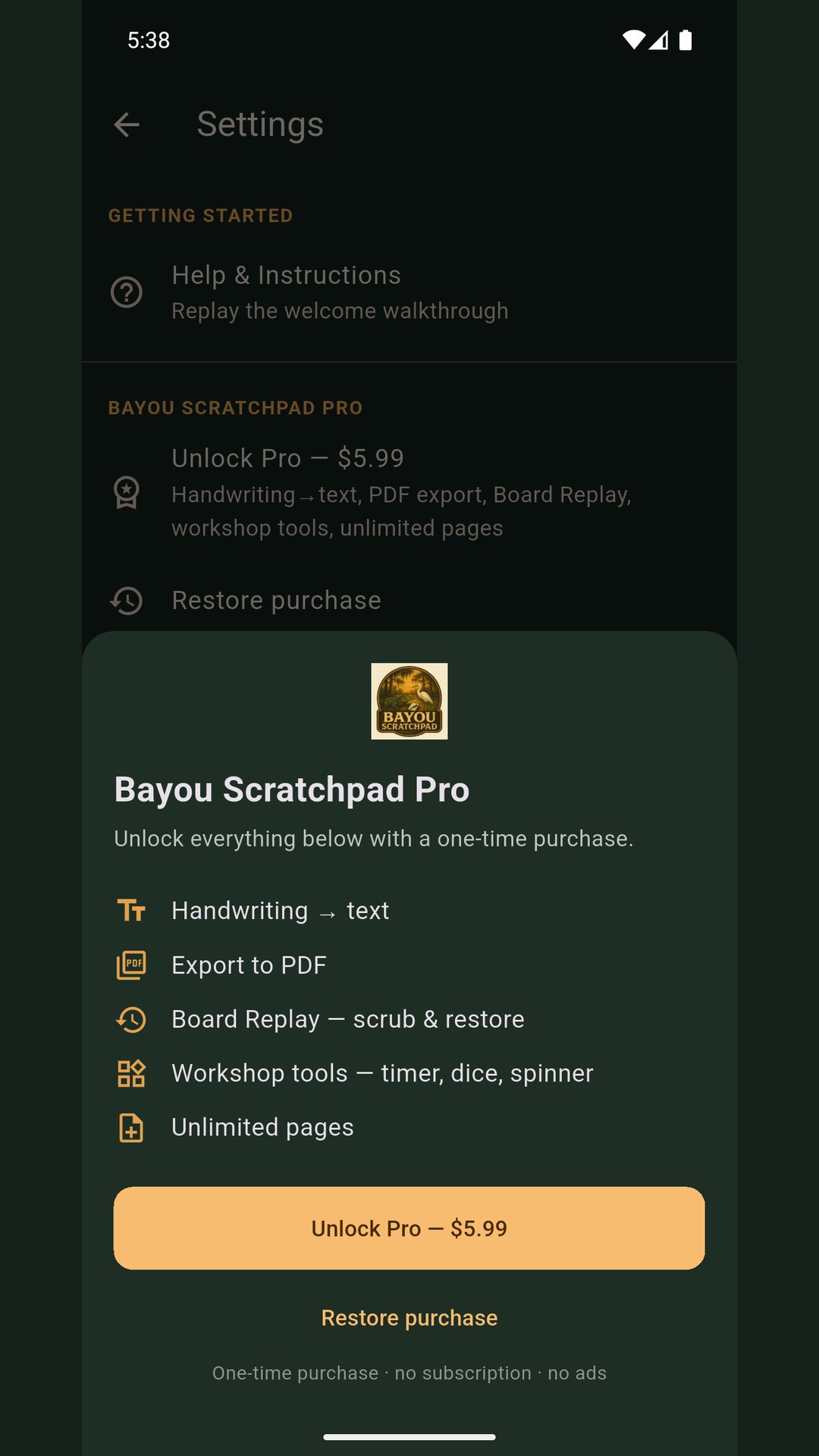 Bayou Scratchpad screenshot — the Pro feature unlock