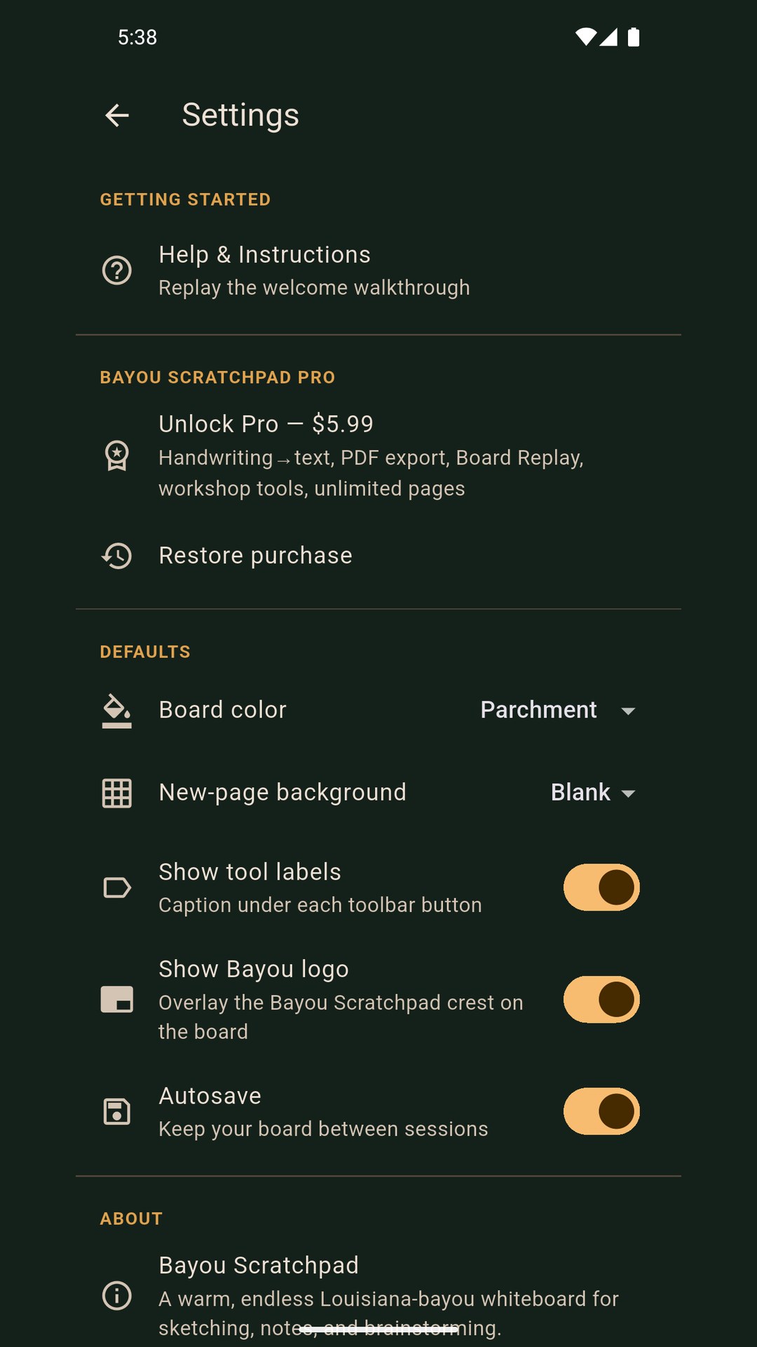 Bayou Scratchpad screenshot — settings and board styles