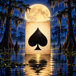 Bayou Solitaire app icon — a spade playing card under a full moon, with cypress trees over the water