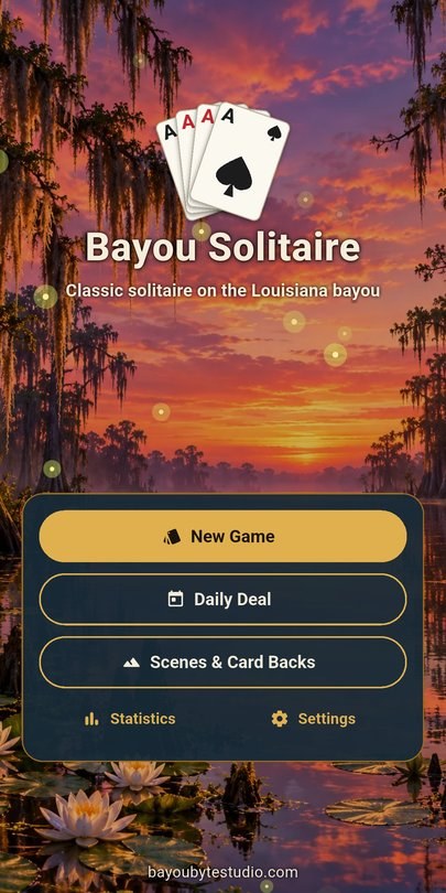 Bayou Solitaire screenshot — the title screen at sunset