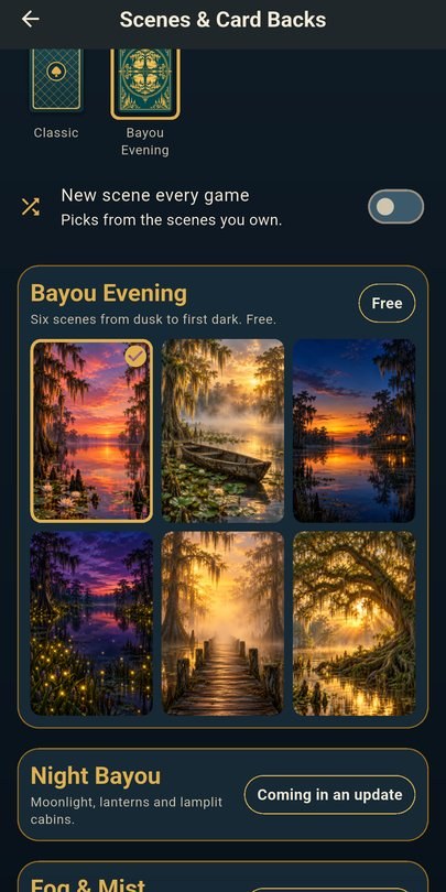 Bayou Solitaire screenshot — choosing a table scene and card back