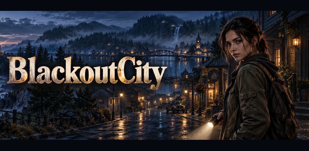 BlackoutCity — a detective with a flashlight on the dark main street of Island Cove