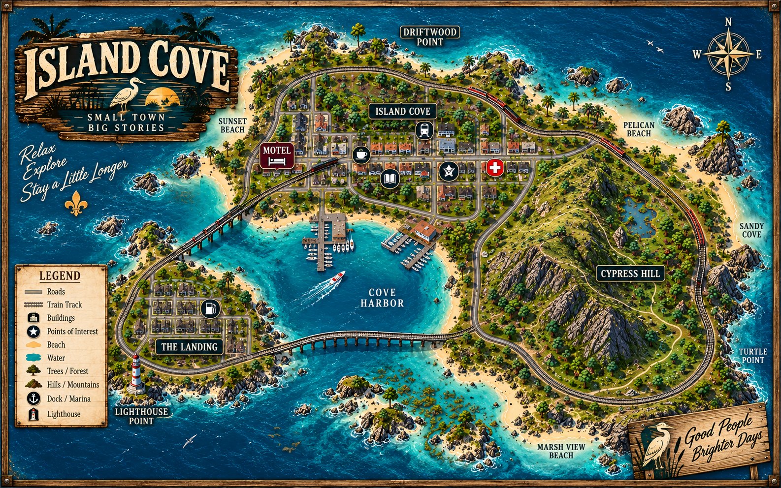 Illustrated tourist map of Island Cove &mdash; the town, Cove Harbor, Cypress Hill, The Landing and the island's beaches