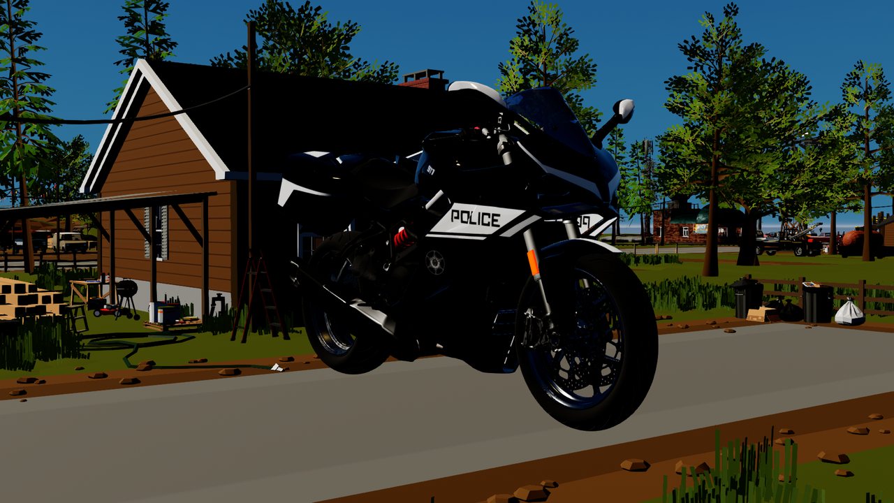BlackoutCity work-in-progress screenshot &mdash; the Island Cove police motorcycle on a residential street