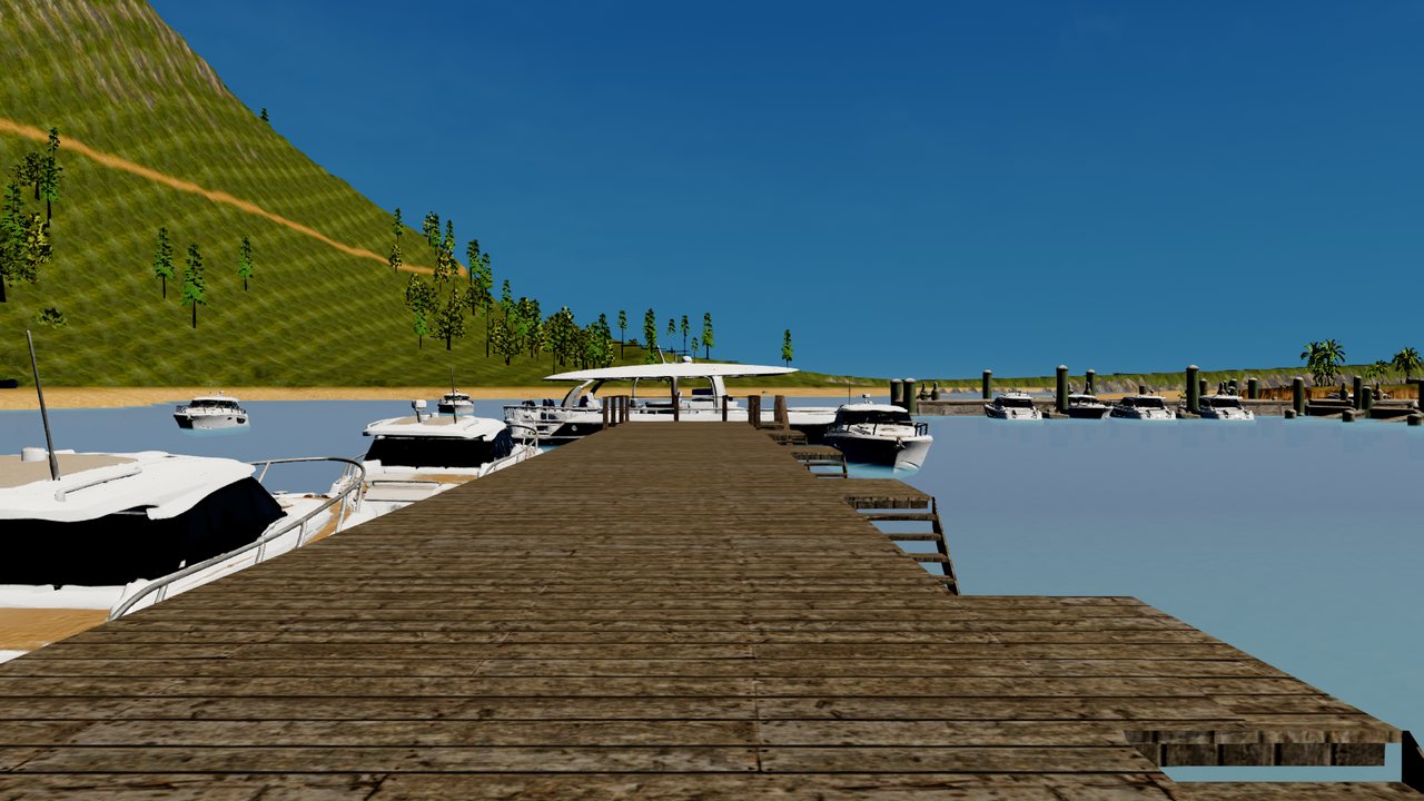 BlackoutCity work-in-progress screenshot &mdash; the wooden pier at Cove Harbor with moored yachts and the hill behind