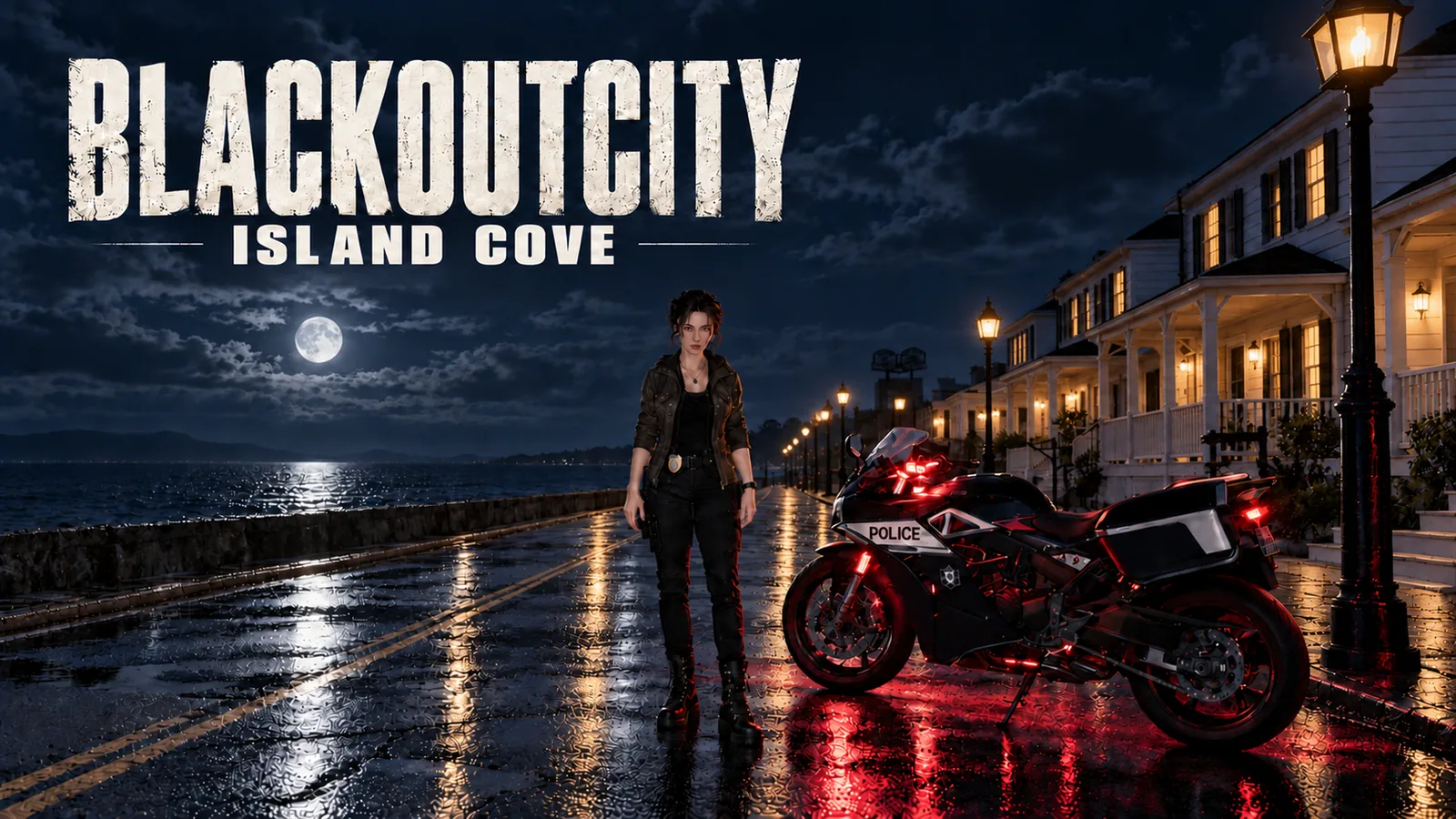 BlackoutCity: Island Cove — a detective beside a police motorcycle on a rain-wet seafront road at night, street lamps glowing