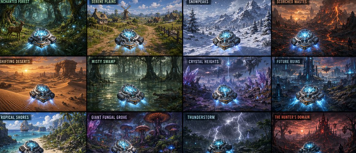 Driftlands realms — the Wayfinder in enchanted forest, snowpeaks, scorched wastes, crystal heights and more