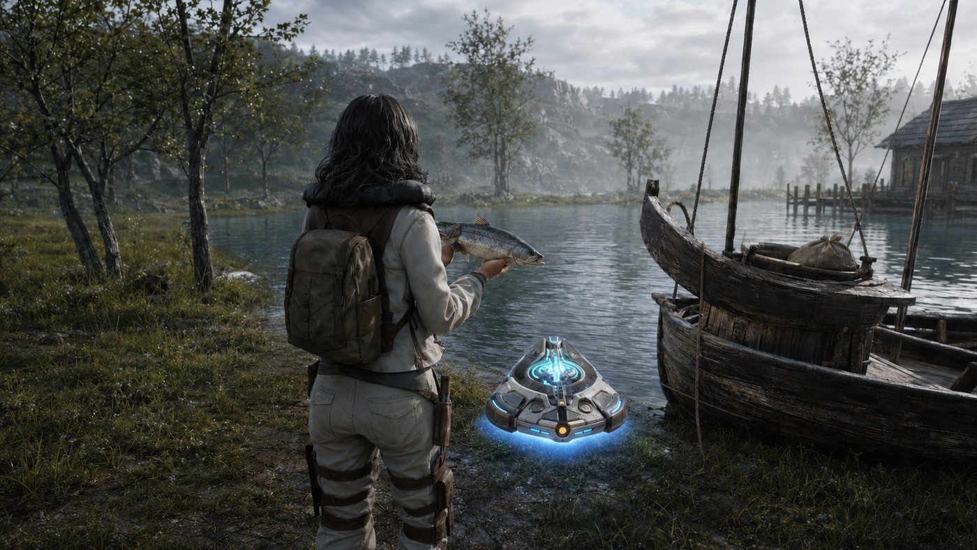 Driftlands — the researcher holds up her catch beside the Wayfinder at the water's edge