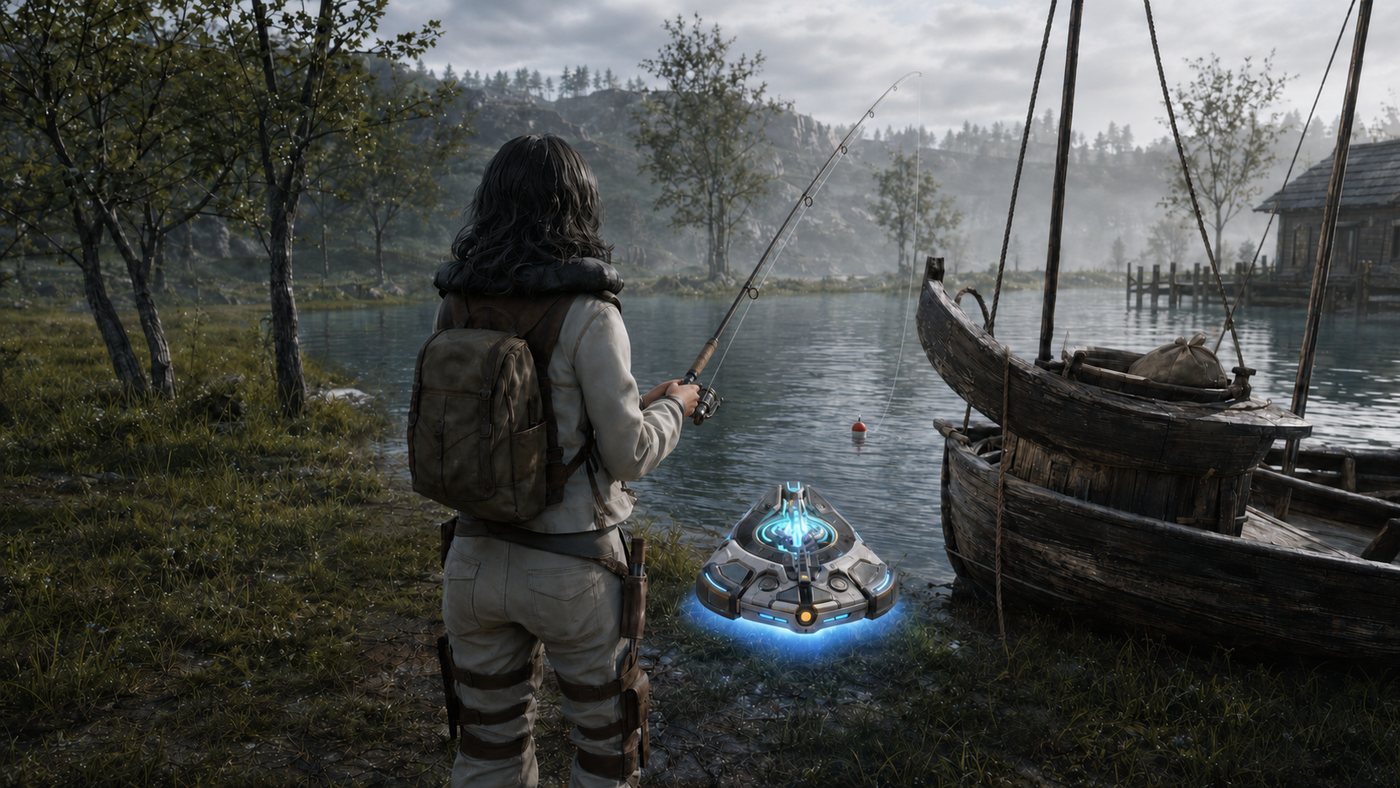Driftlands — a researcher casts her line beside the glowing Wayfinder at a misty lakeside dock