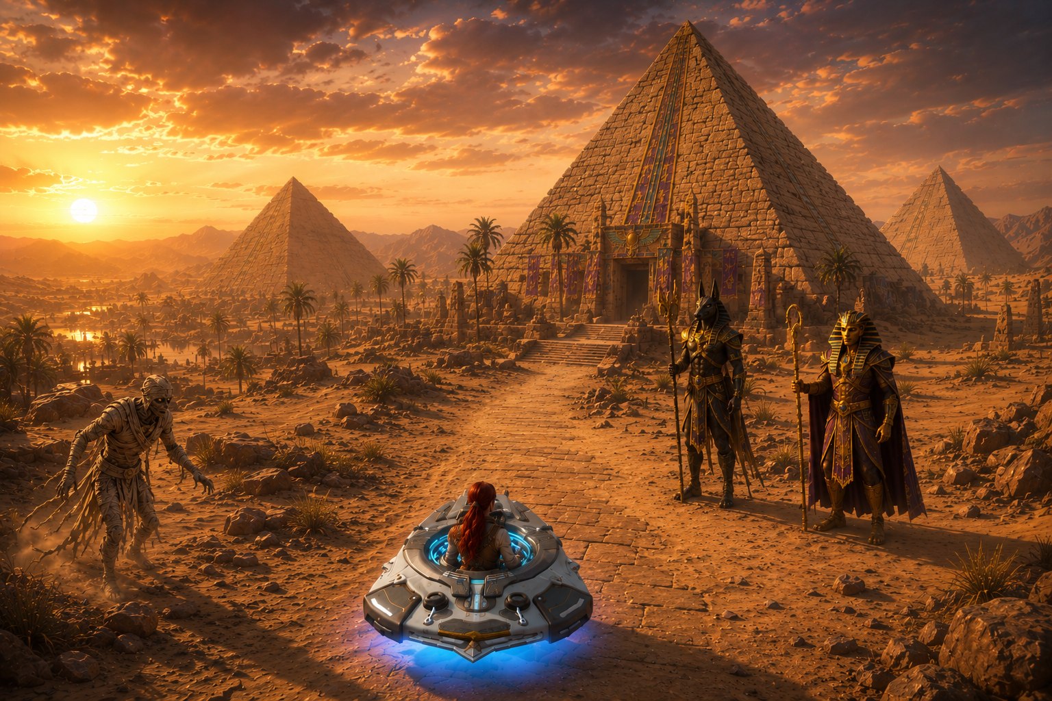 Driftlands — the keepers of the desert monuments: a mummy, an Anubis guardian and a pharaoh await among the pyramids at sunset