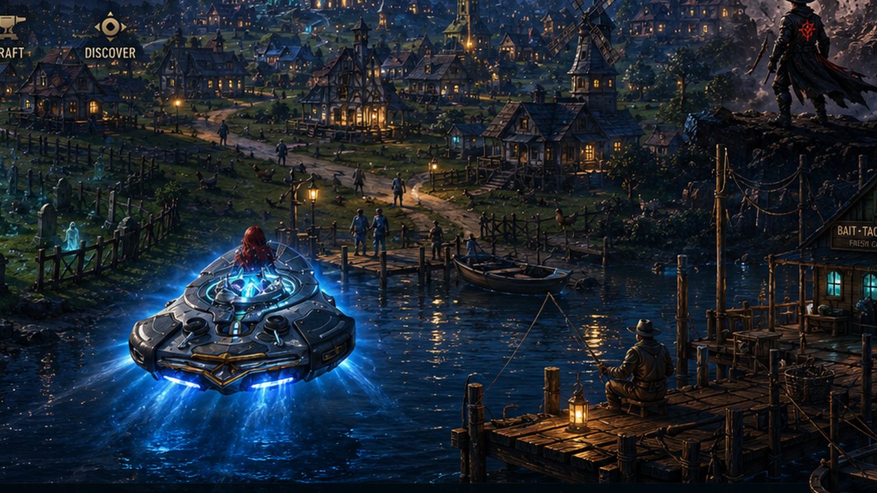 Driftlands — the Wayfinder drifting through a lantern-lit harbor town at night