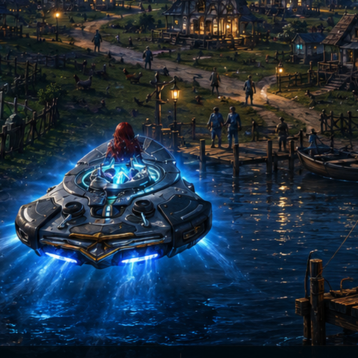 Driftlands app icon — the Wayfinder glowing over the night docks
