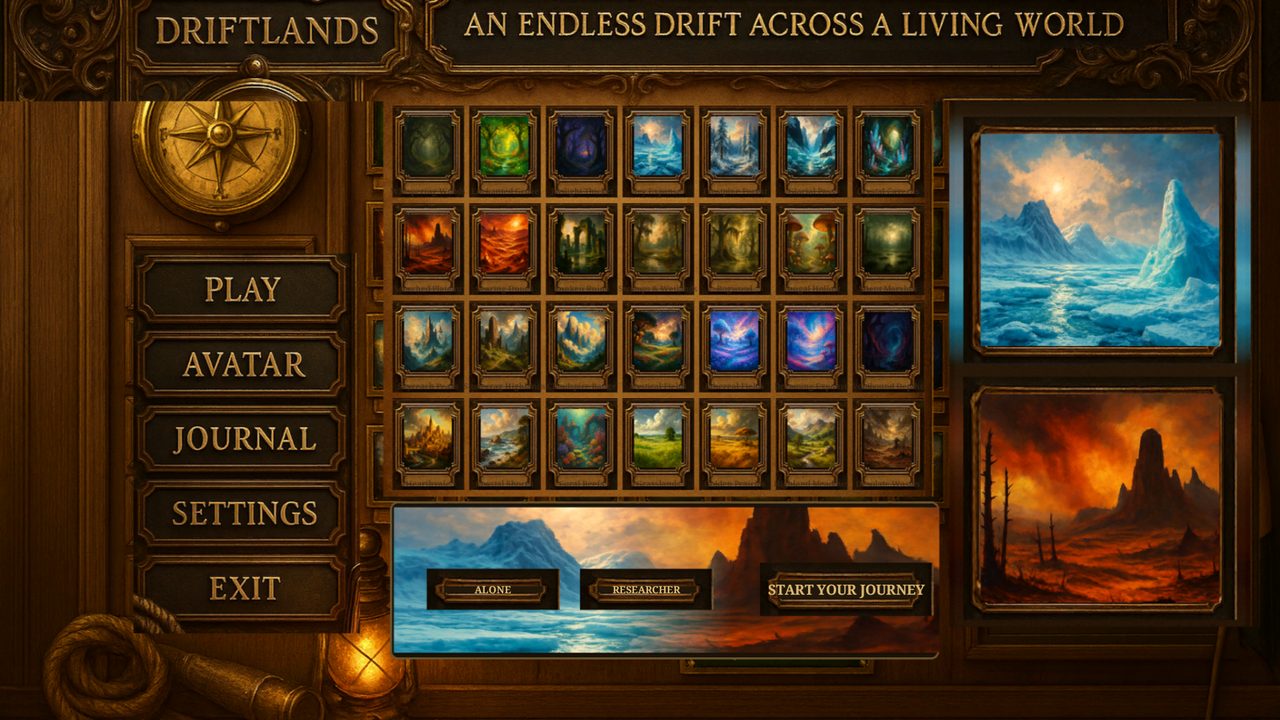 Driftlands screenshot — the expedition hall menu with realm cards