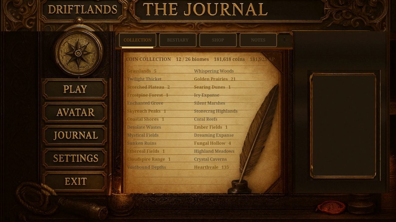 Driftlands screenshot — the explorer's journal