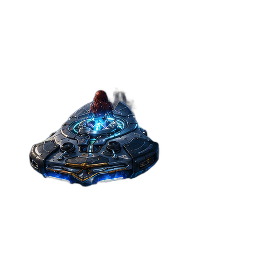 The Wayfinder — an ancient drifting craft with a glowing blue core