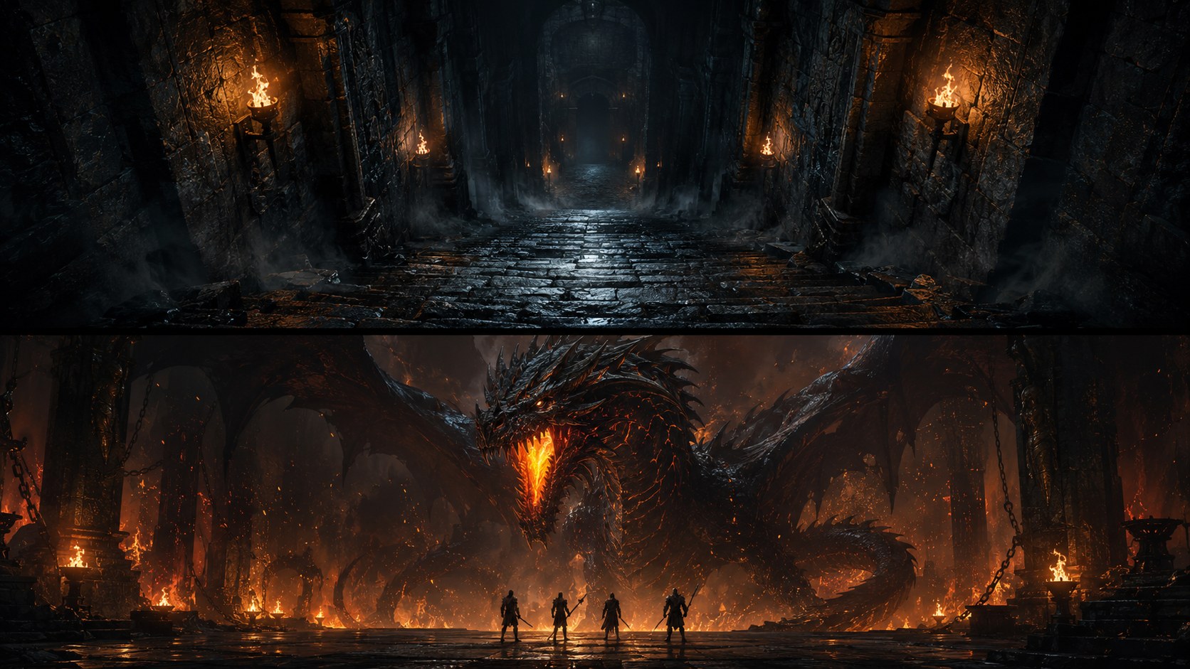 ForgeLore — a torch-lit dungeon corridor and a colossal dragon looming over four adventurers