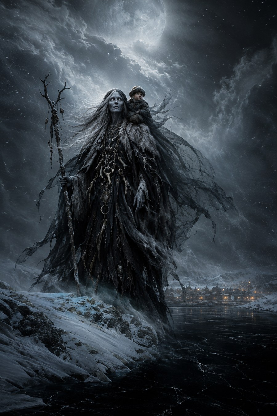 ForgeLore adventure — The Frostwidow, a gaunt winter hag carrying a child across a frozen valley