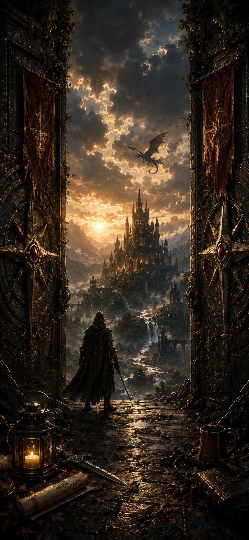 ForgeLore — a lone figure at a gateway looking out over a vast fantasy realm at dusk