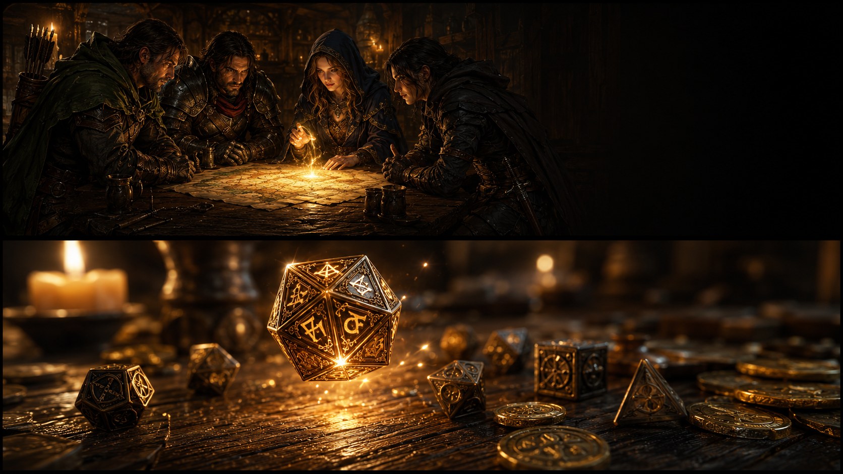 ForgeLore — four adventurers gathered around a glowing table, and a twenty-sided die among coins