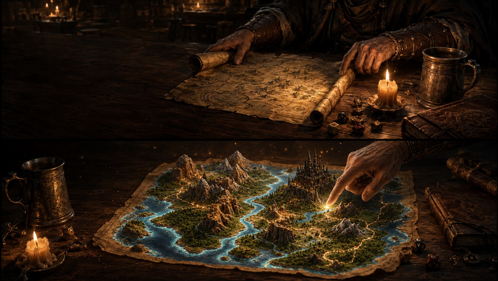 ForgeLore — a game master's map on a candlelit tavern table, and the world rising from it in glowing miniature
