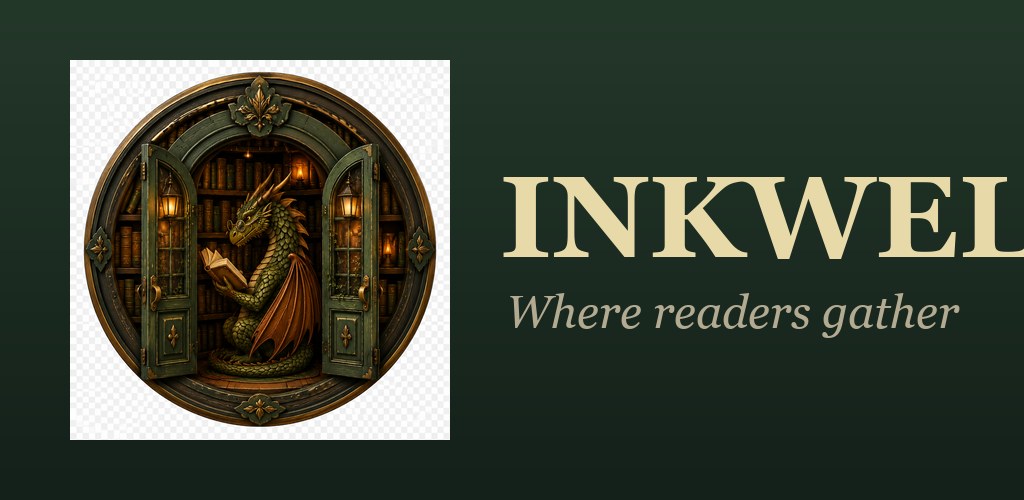 Inkwell — a green dragon reading inside a candlelit bookshop, with the words 'Where readers gather'