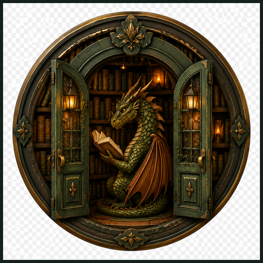 Inkwell app icon — a green dragon reading in a candlelit bookshop doorway