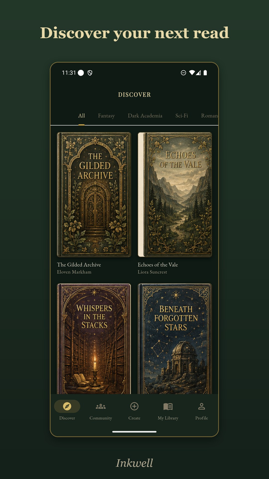 Inkwell — the Discover screen, a grid of beautifully bound books to explore