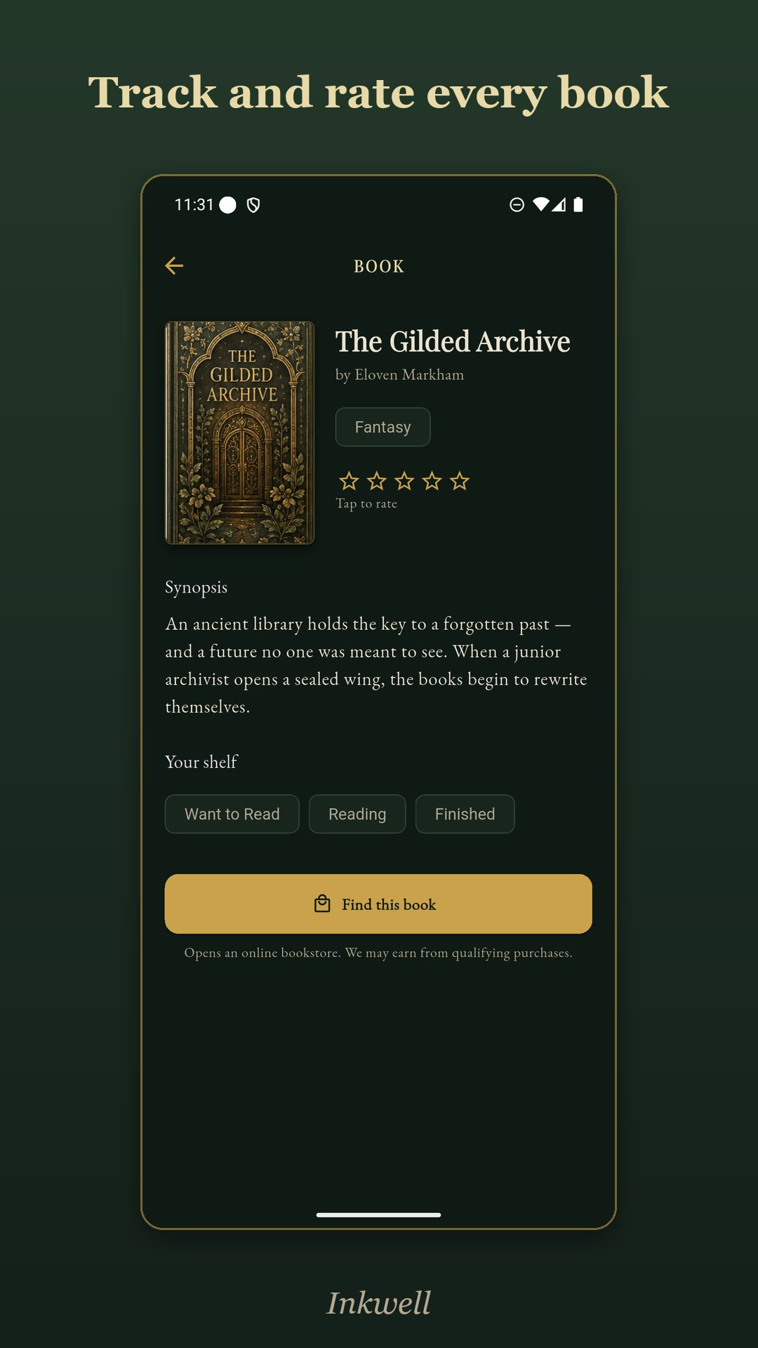 Inkwell — a book detail page with rating, shelving, and a place to find the title