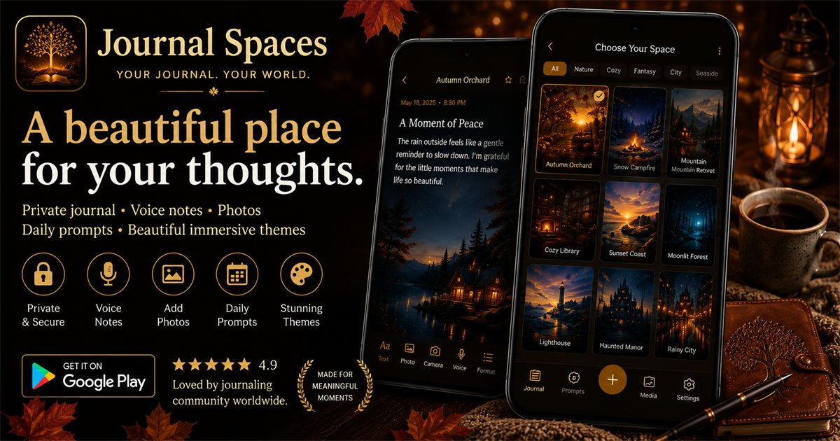 Journal Spaces — your journal, your world. Private journal, voice notes, photos, daily prompts, immersive themes.