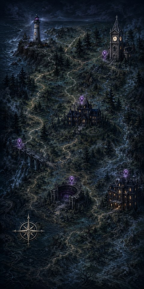 Nightveil — the illustrated map of Raven Hollow