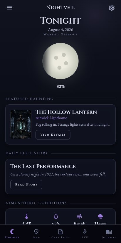Nightveil screenshot — the Tonight hub with moon phase and the featured haunting