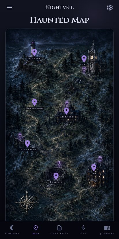 Nightveil screenshot — the illustrated Haunted Map of Raven Hollow
