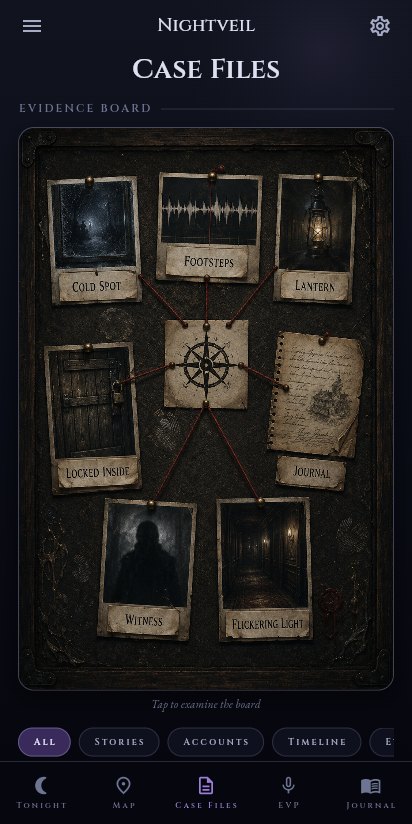 Nightveil screenshot — the Case Files evidence board