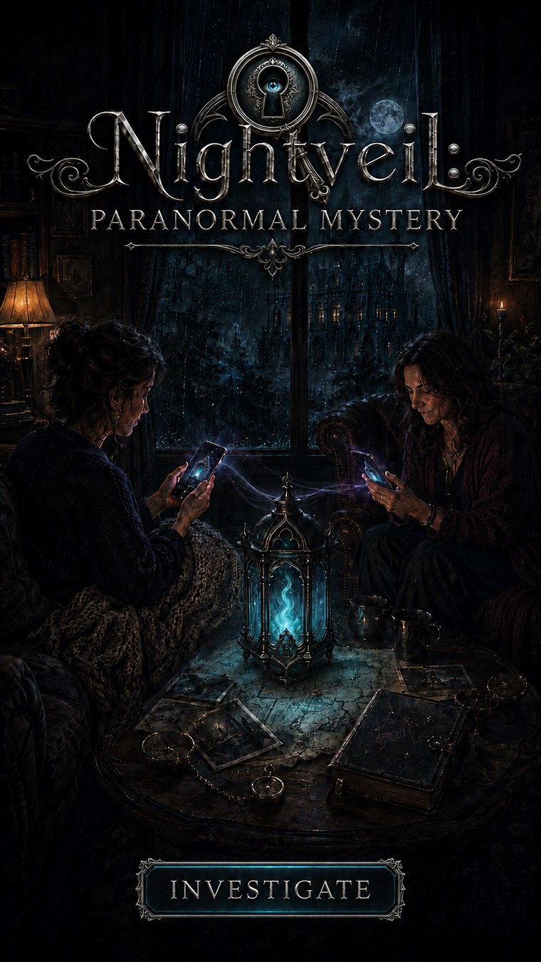 Nightveil key art — two investigators studying a spectral lantern by a rain-streaked window
