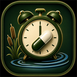 Bayou Pill Reminder app icon — an alarm clock with a pill among cattails