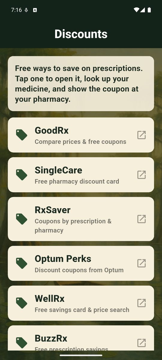 Bayou Pill Reminder screenshot — prescription discount shortcuts including GoodRx, SingleCare and RxSaver