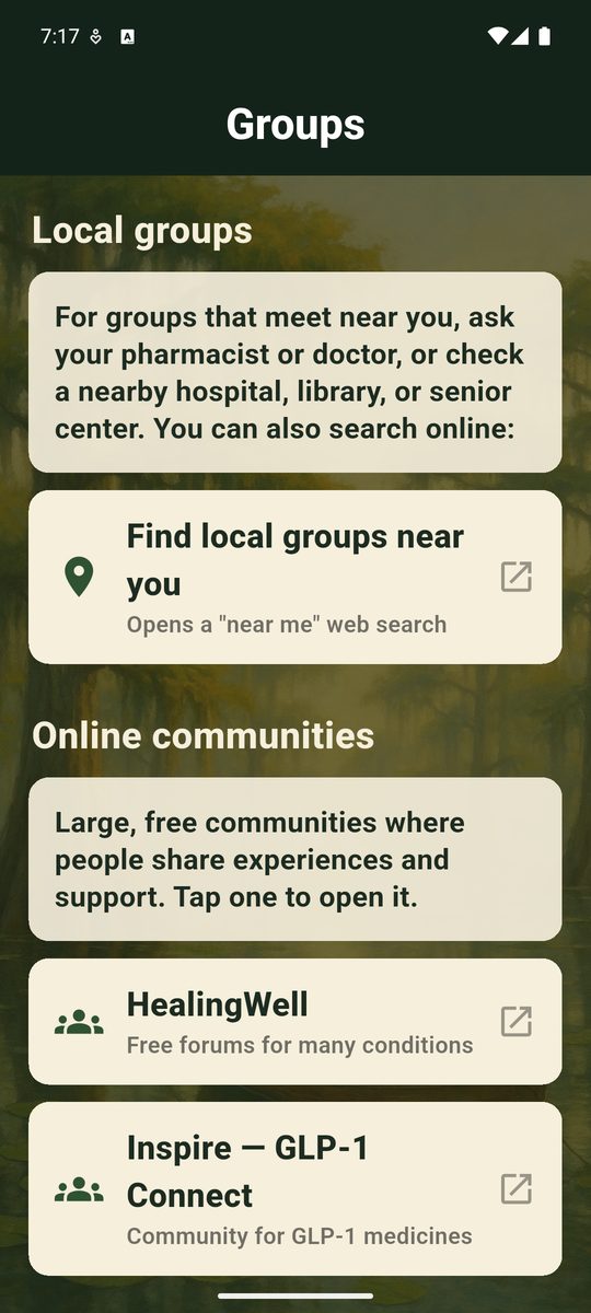 Bayou Pill Reminder screenshot — local and online support group links