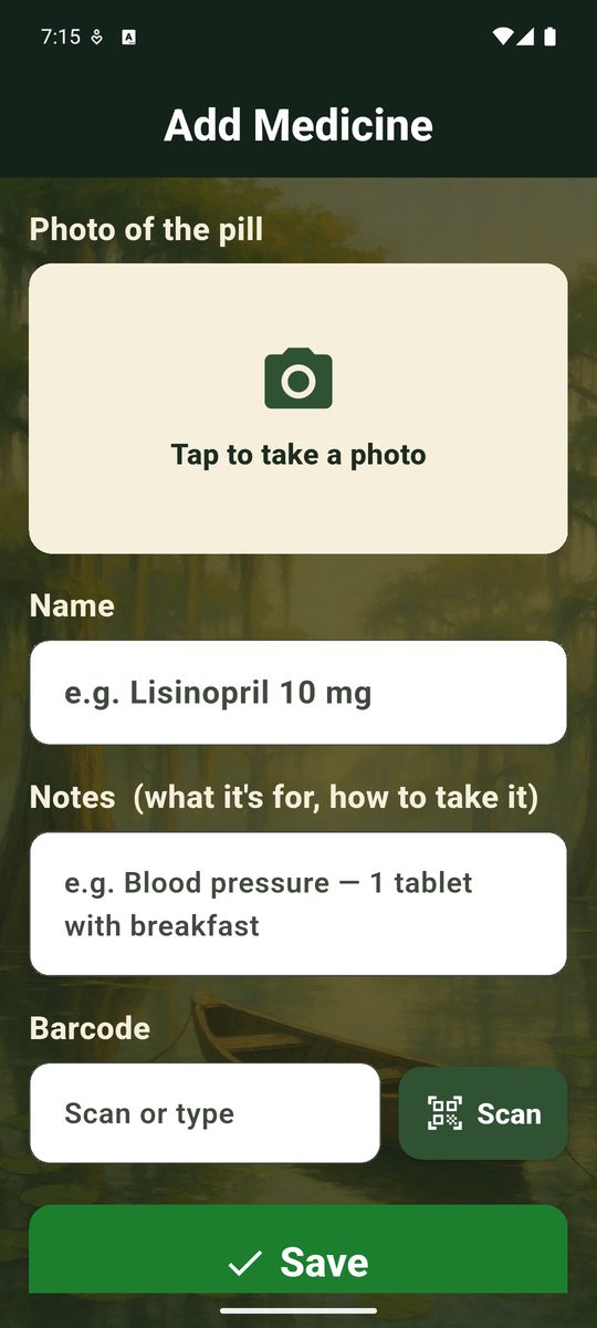 Bayou Pill Reminder screenshot — save a medicine with a photo of the pill, a name, notes, and a scanned barcode