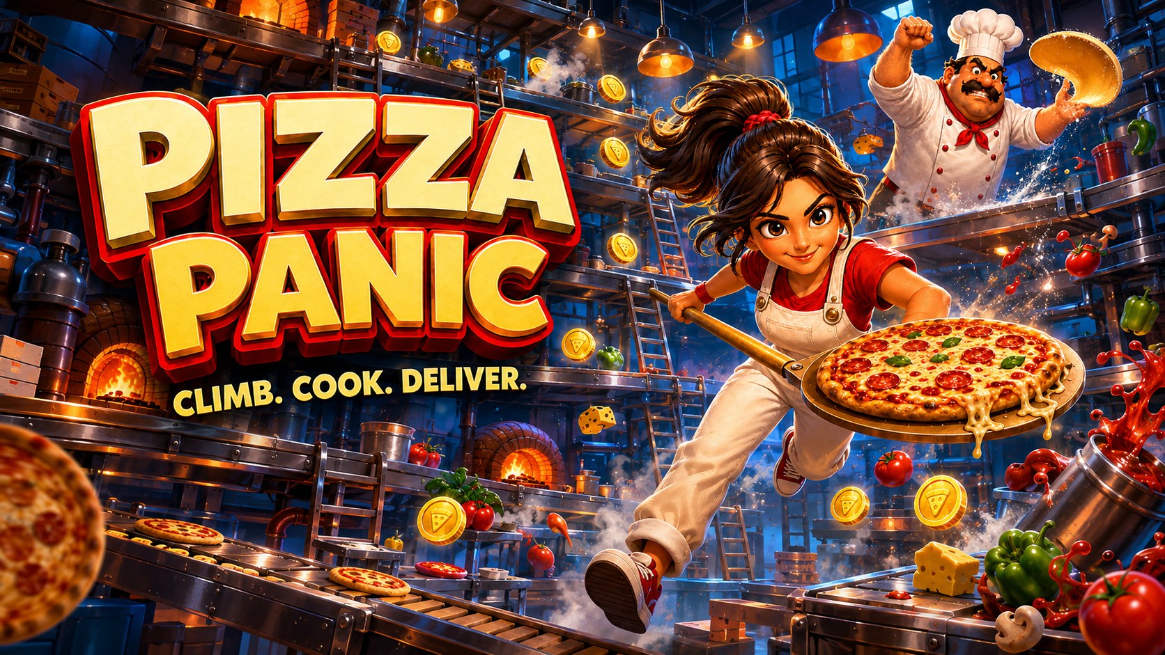 Pizza Panic — the pizza runner dashing with a fresh pizza as the chef flings dough behind her