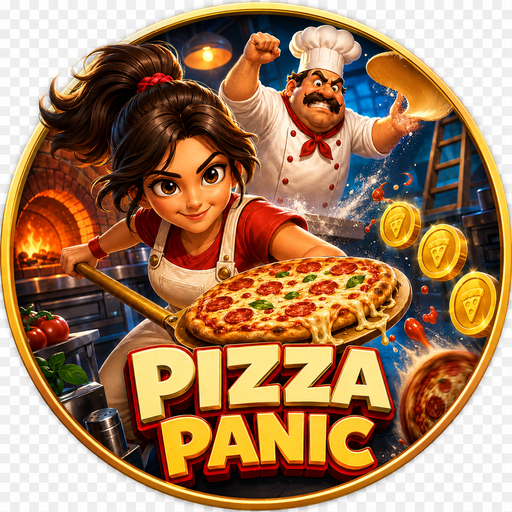 Pizza Panic app icon — the pizza runner and grumpy chef in a golden ring