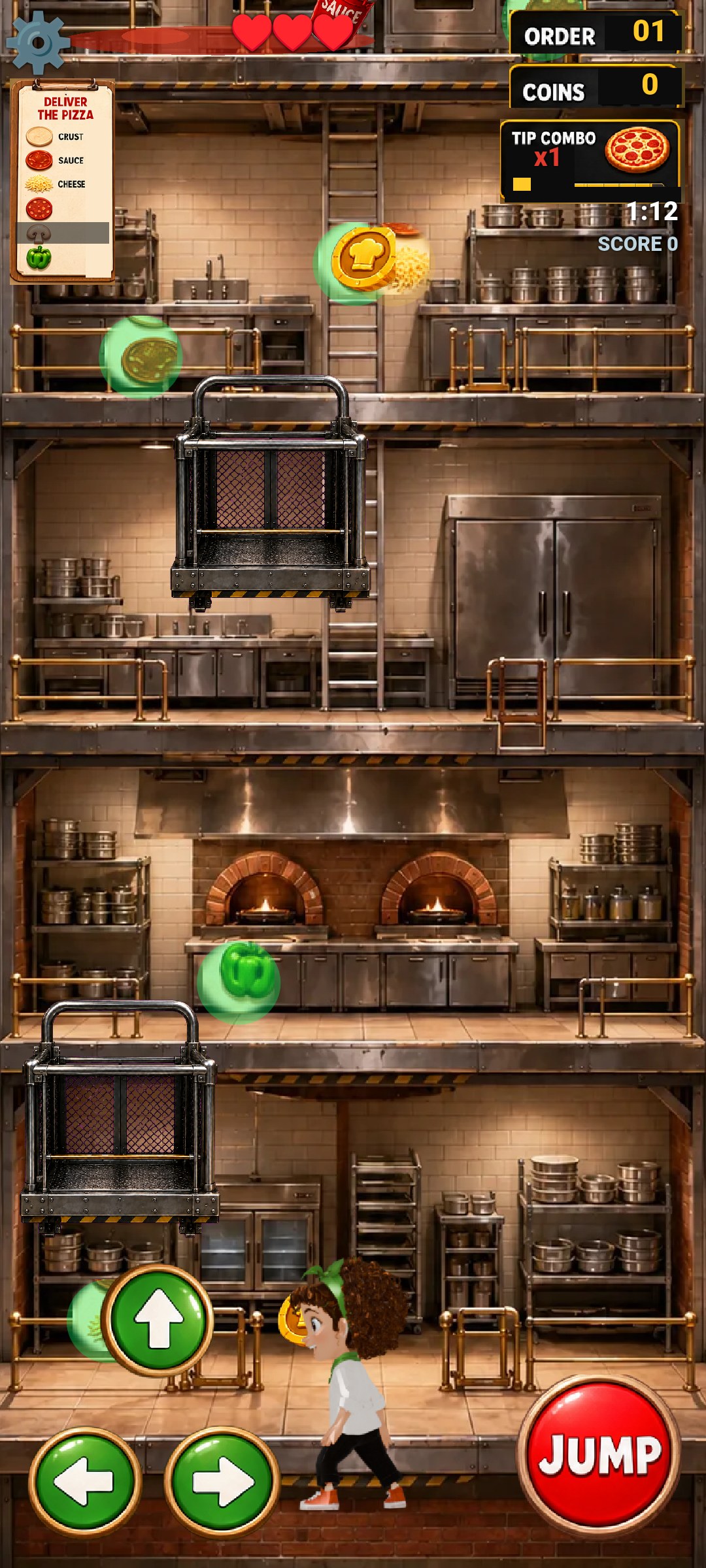 Pizza Panic gameplay — the runner climbing between steel counters past service elevators and coins