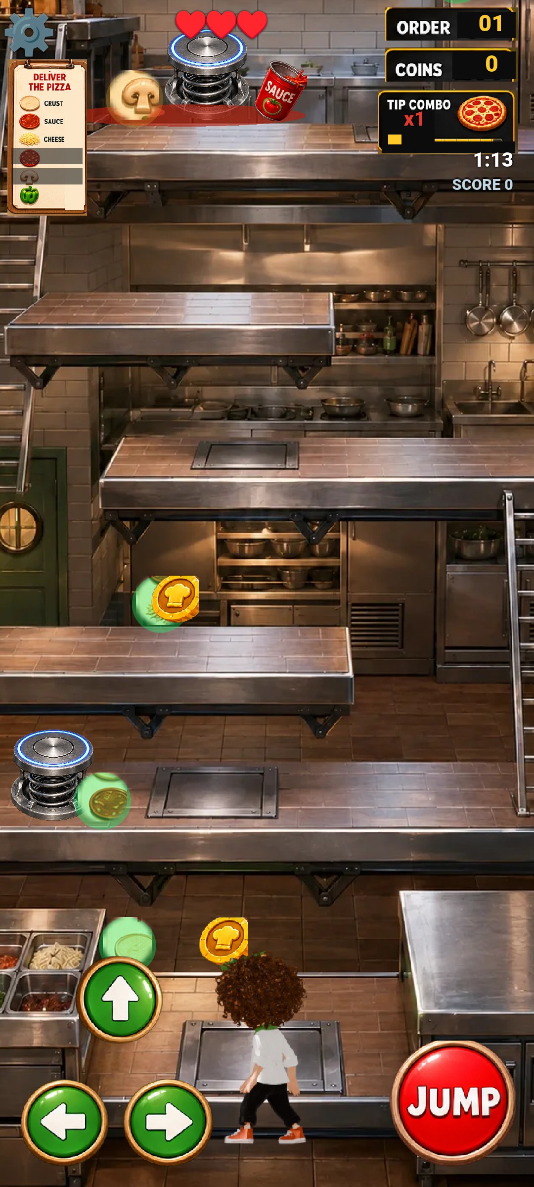 Pizza Panic gameplay — spring pads and ingredients across the pizzeria counters
