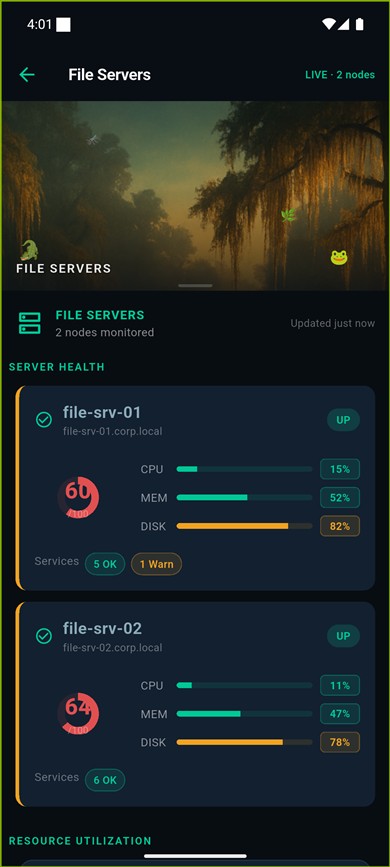 Server Guardian group health report with per-server health rings and CPU, memory, disk meters