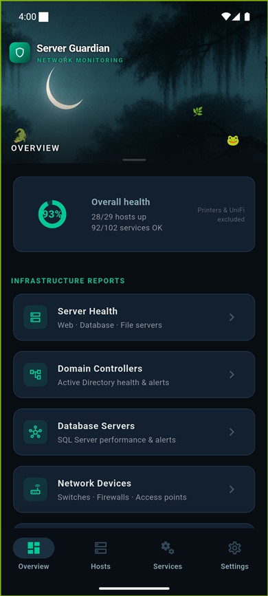 Server Guardian services list with state filter chips