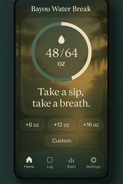 Bayou Water Break screenshot — painted bayou home screen with water progress